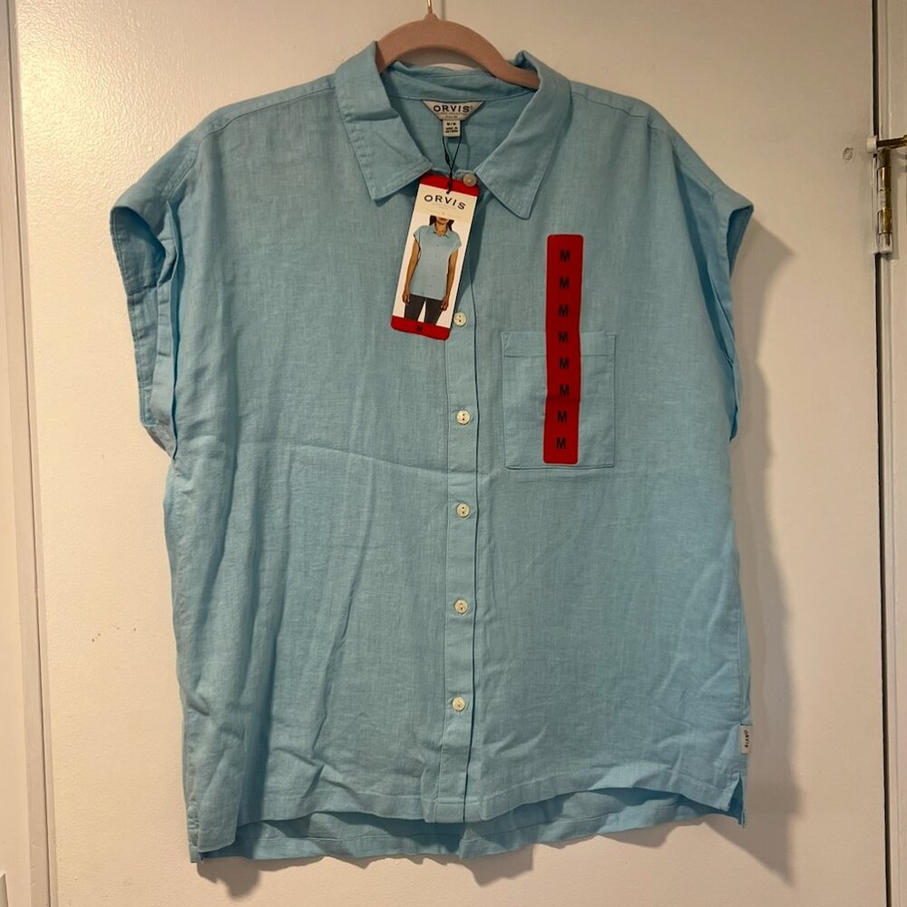 Orvis Sky Blue Linen blend Cuff Sleeve Button up Blouse Medium NWT